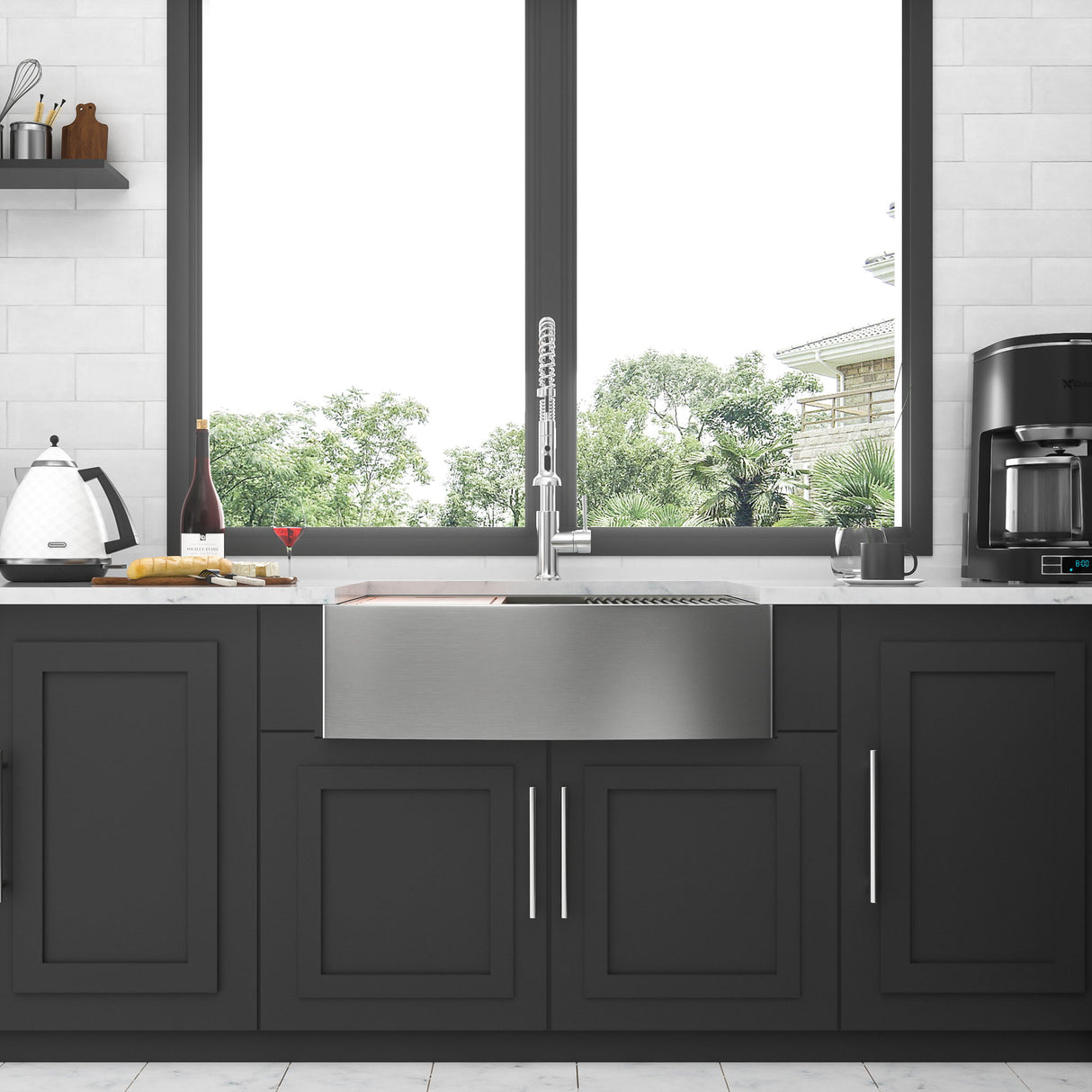 Double Bowl Farmhouse Sink Workstation 33" Stainless Steel 16 Gauge Apron Front - Black / Gray