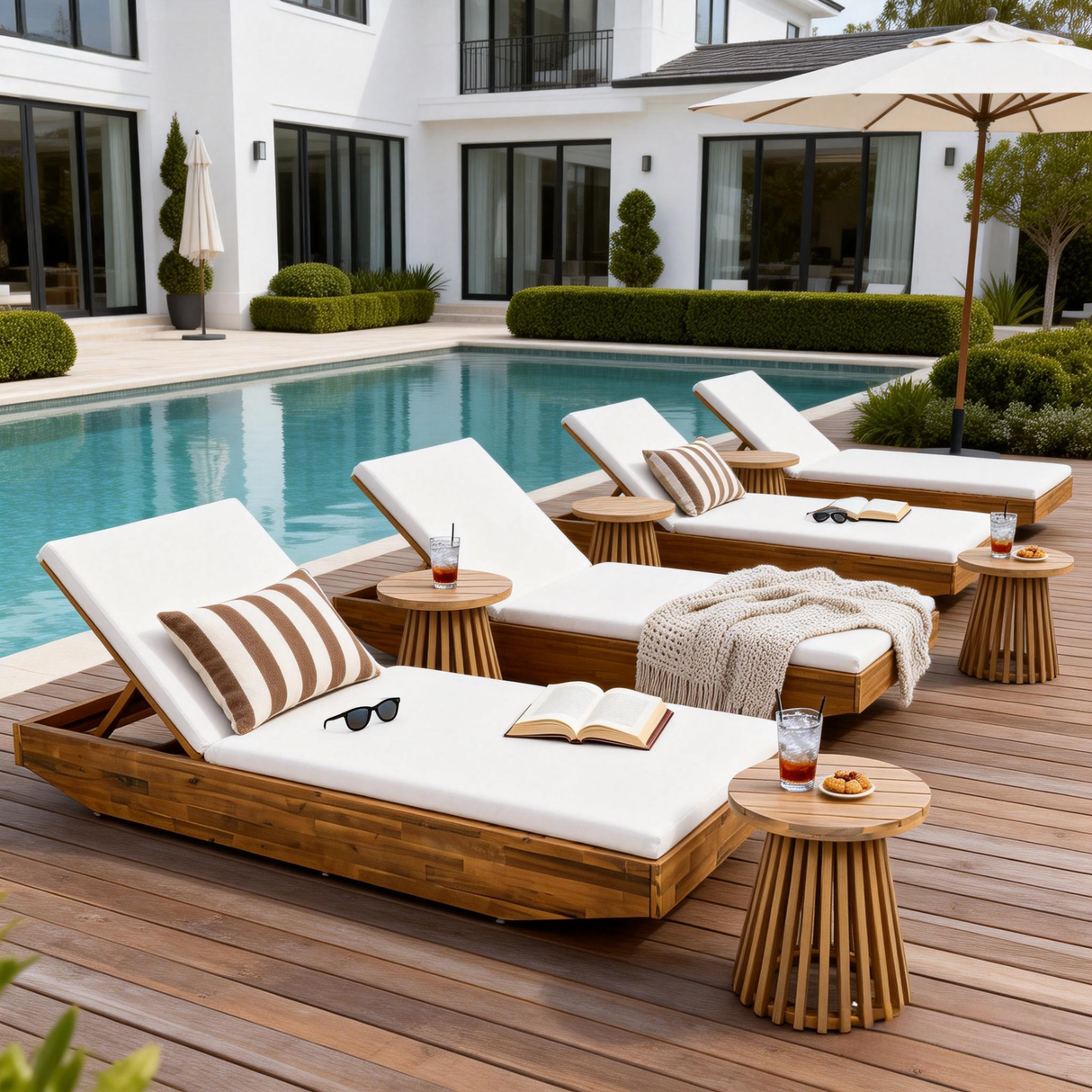 Acacia Wood Chaise Lounge with 2-Fold Thin Cushion - Teak Finish
