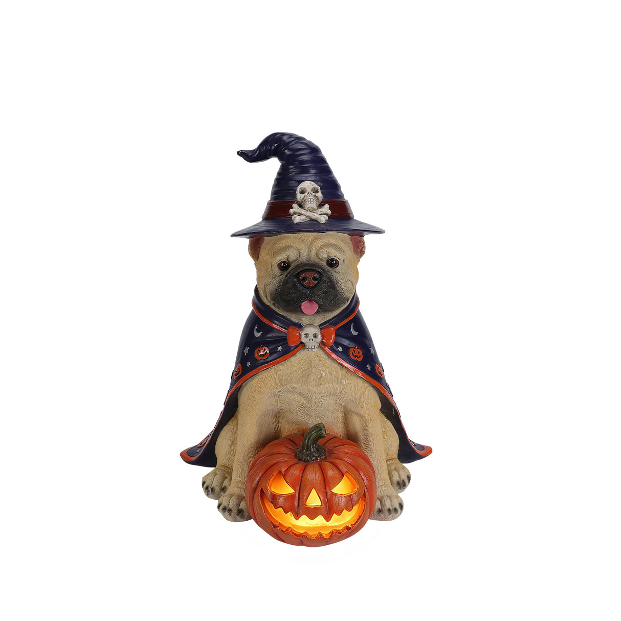 Halloween Bulldog Witch Statue, LED Light Up Jack-O-Lantern Pumpkin