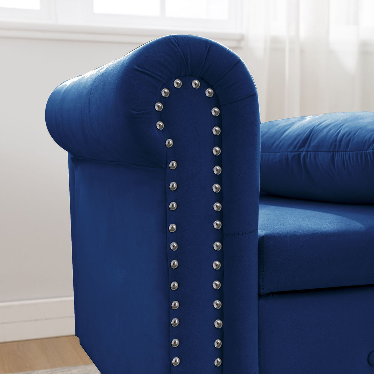 Chaise Lounge Indoor, Lounge Chair For Bedroom With Storage & Pillow, Modern Upholstered Rolled Arm Chase Lounge For Sleeping With Nailhead Trim For Living Room Bedroom Office