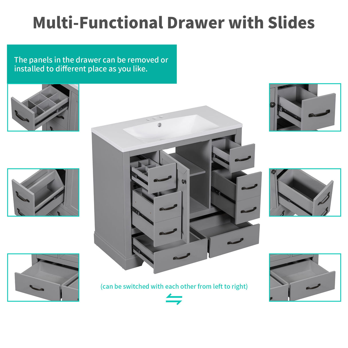 36" Bathroom Vanity Without Sink, Cabinet Base Only, 6 Drawers, Multi Functional Drawer Divider, Adjustable Shelf - Gray