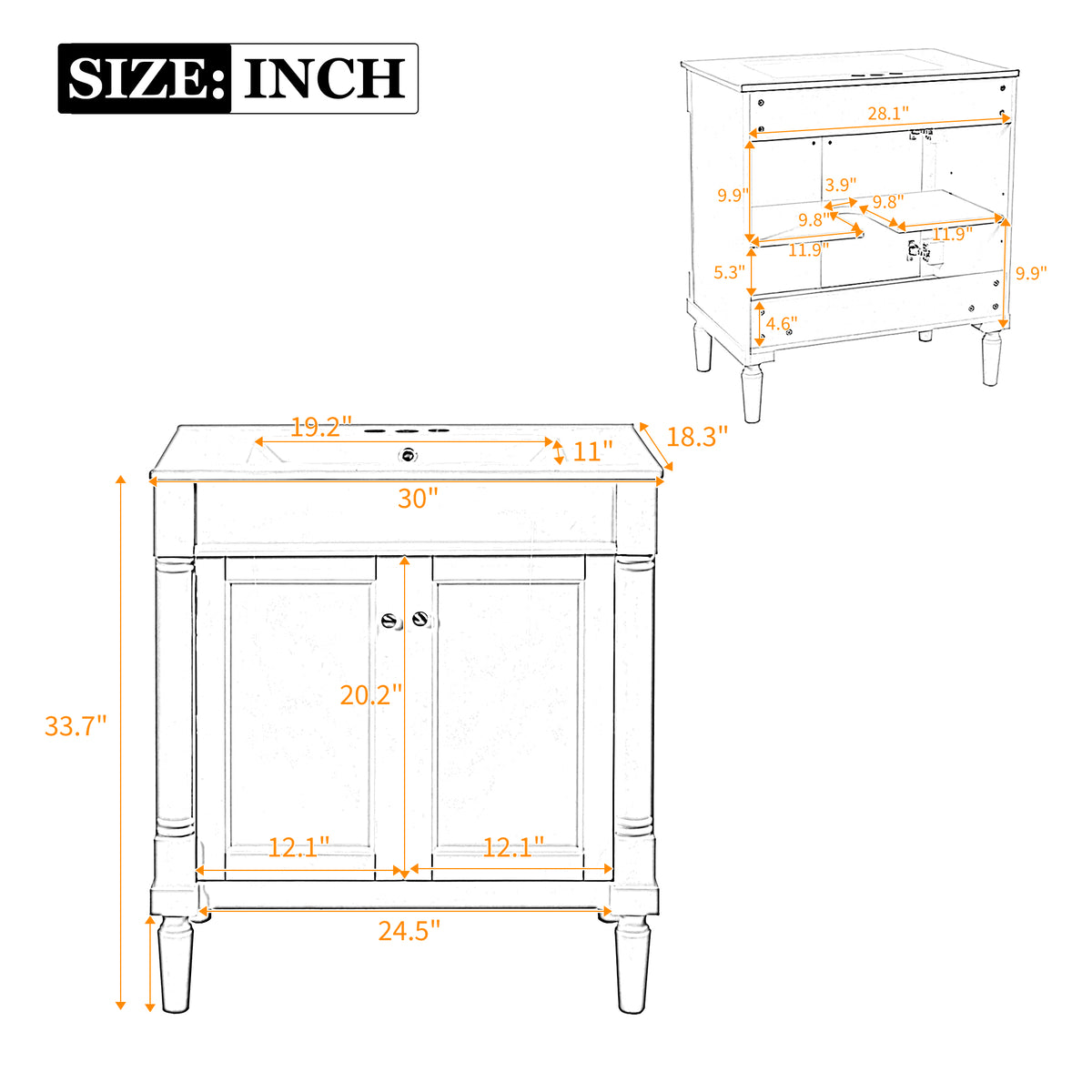 30" Luxurious Bathroom Vanity Cabinet with Ceramic Sink Basin