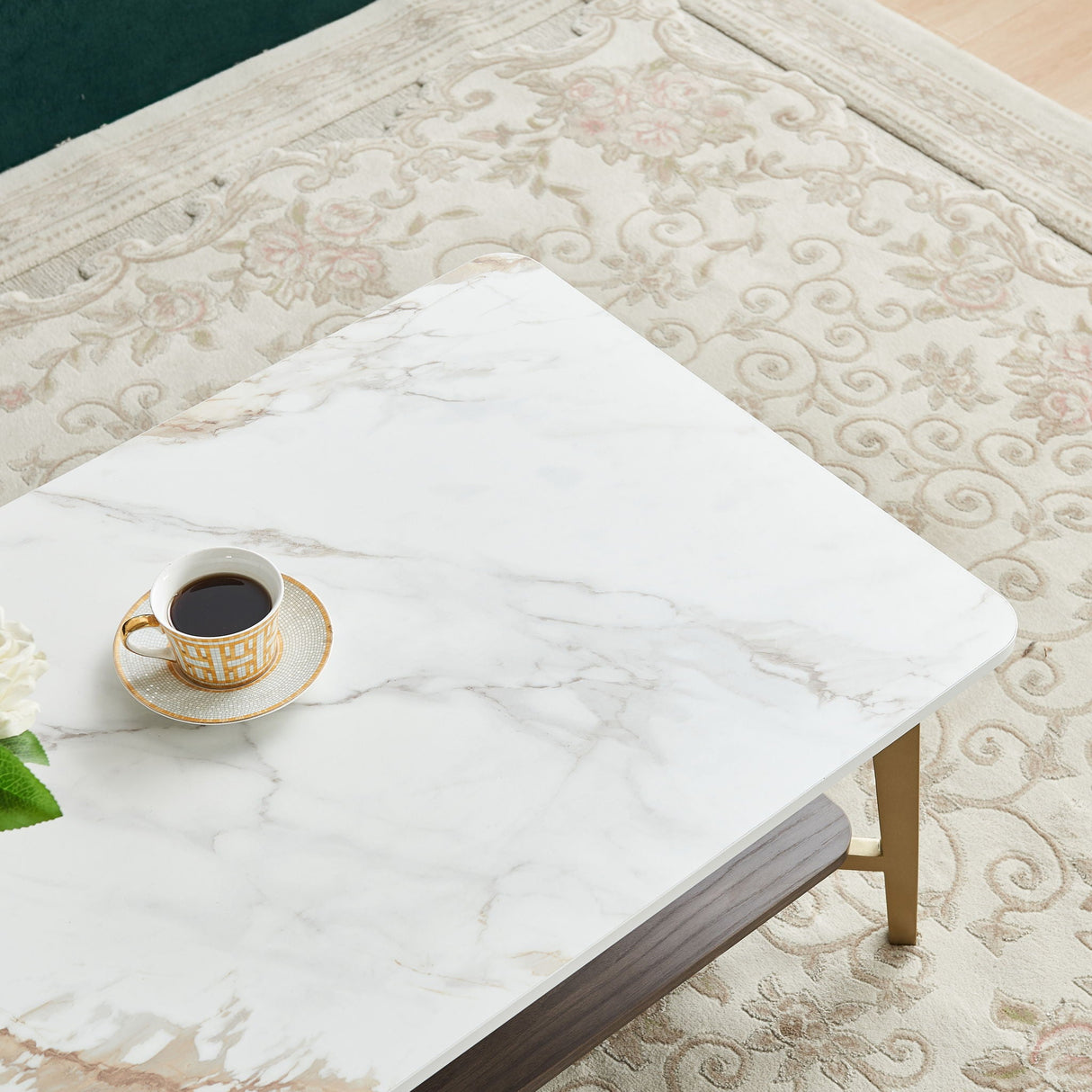 Coffee Table Rectangular Center Table For Living Room Open Space Side Table With Metal Frame - Golden / White