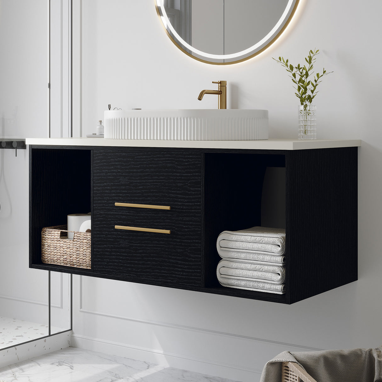 Modern 39.4-In Wall-Mounted Bathroom Vanity with Oval Ceramic Sink