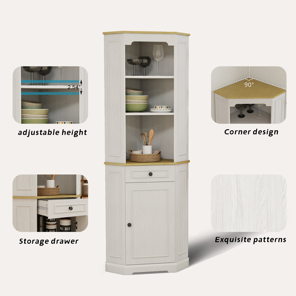 68" Tall Corner Cabinet with Door, Drawer, and Adjustable Shelf