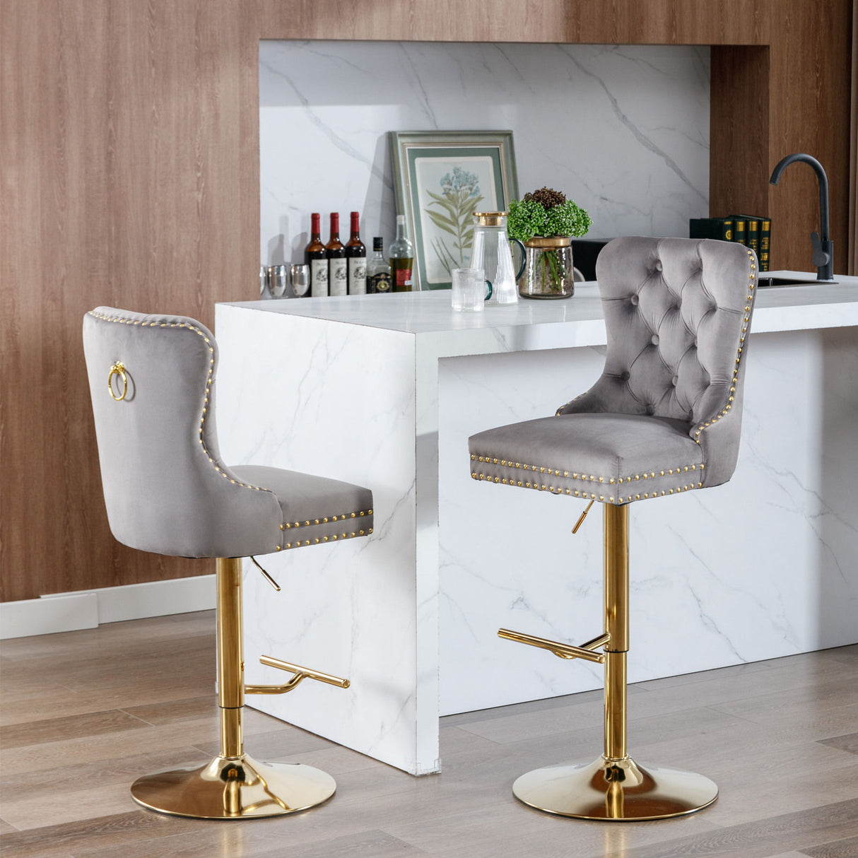 Thick Swivel Barstools Adjusatble Seat Height From 25-33", Modern Upholstered Bar Stools With Backs Comfortable Tufted For Home Pub And Kitchen Island (Set of 2)