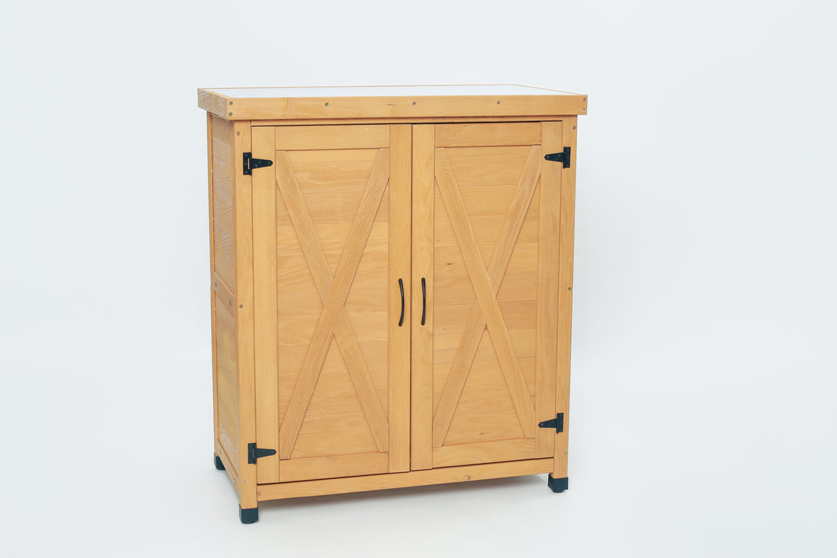 Potting Bench with Storage Cabinet and Metal Table Top for Outdoor Patio