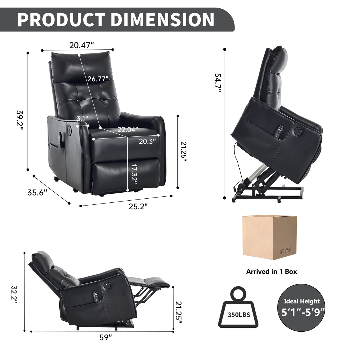 Black PU Single Motor Power Lift Recliner Chair