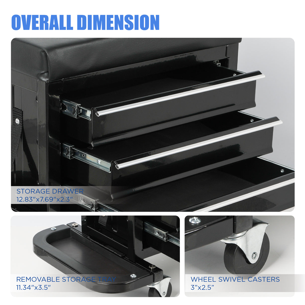 3-Drawer Tool Chest Rolling Mechanic Seat with Tool Trays