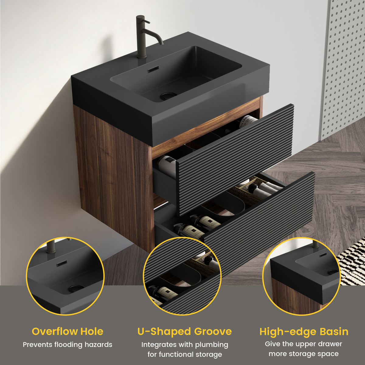 Grace 24-Inch Wall-Mounted Bathroom Vanity, Black with Walnut, Double Drawer