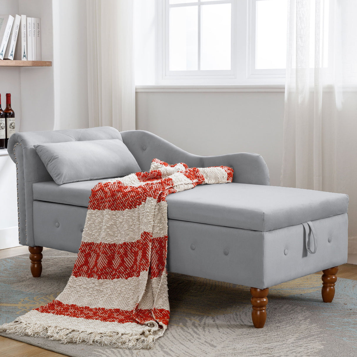 Chaise Lounge Indoor, Lounge Chair For Bedroom With Storage & Pillow, Modern Upholstered Rolled Arm Chase Lounge For Sleeping With Nailhead Trim For Living Room Bedroom Office