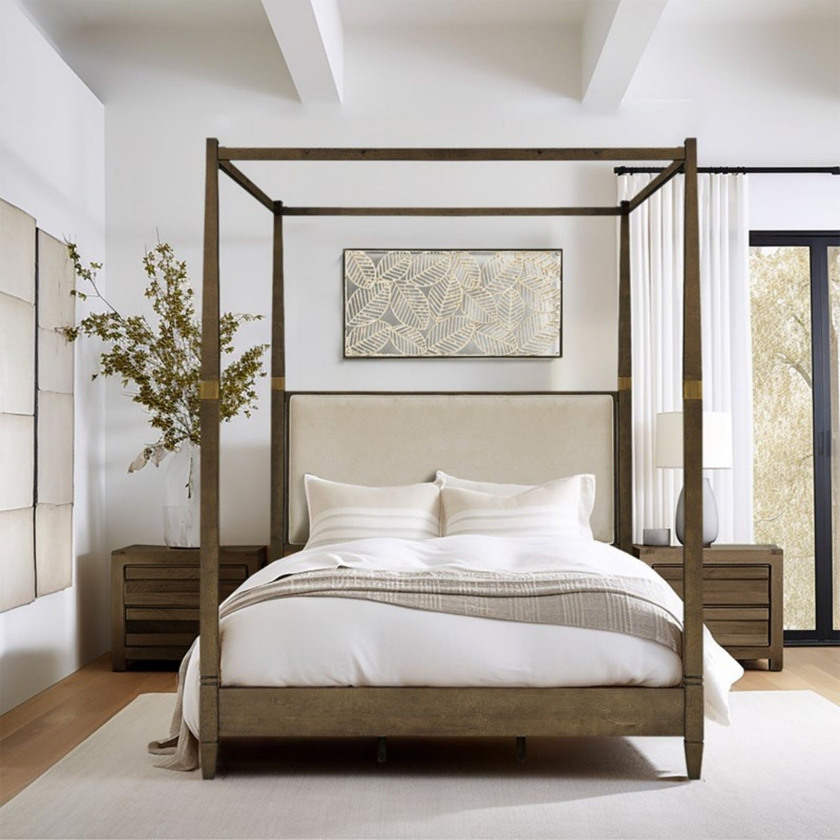 Queen Canopy Bed Frame With Upholstered Headboard - Brown