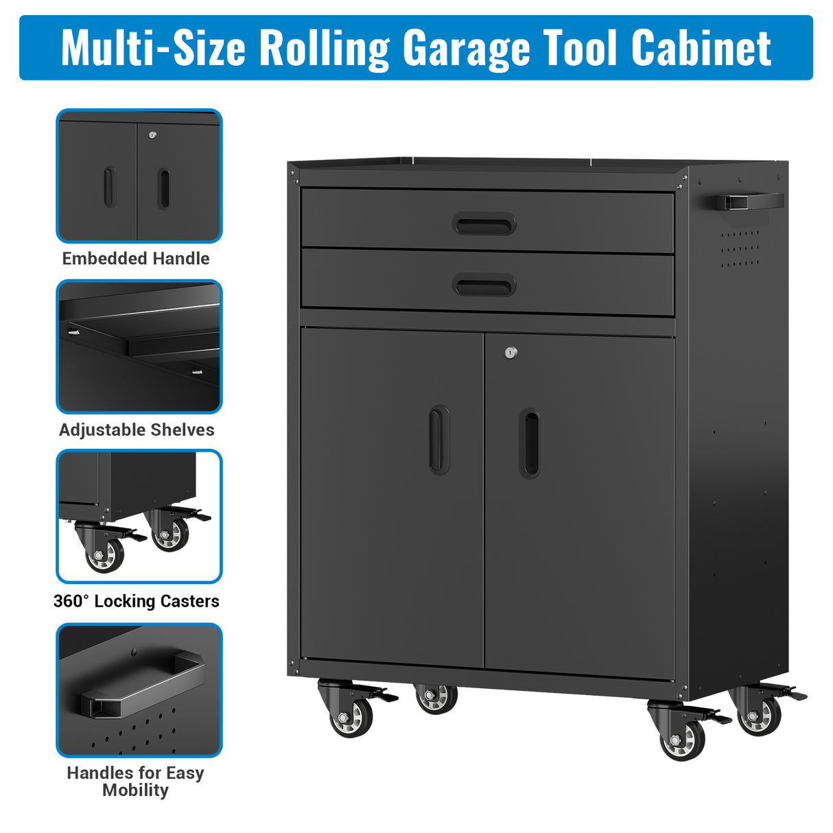 Metal Tool Garage Storage Cabinet with 2 Drawers and 2 Doors, with Wheels and Lock