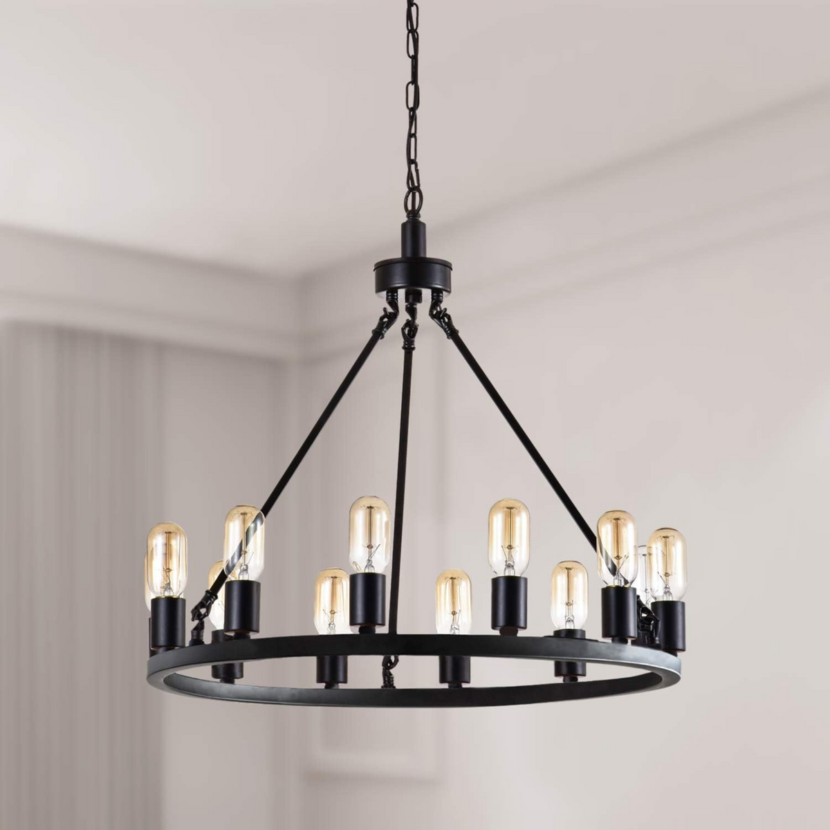 24.2" Wagon Wheel Chandelier, 12-Light, Black Metal