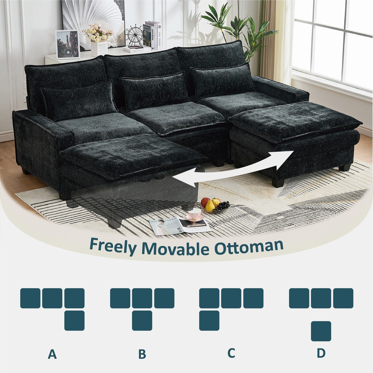 Modern Comfy L Shaped Sectional Sofa With Movable Ottoman