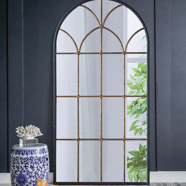 34x65.5' Arched Full-Length Mirror with Black and Gold Windowpane Design