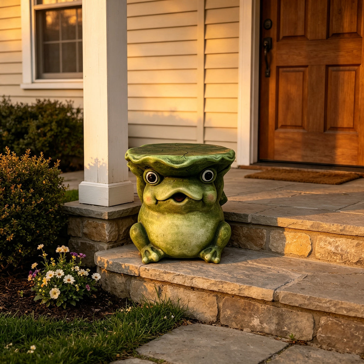 12'' Cute Frog Statue With Lotus Leaf Hat