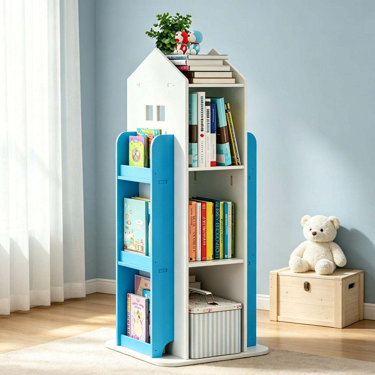 4-Tier Rotating Bookshelf, 360° Swivel, PVC, White