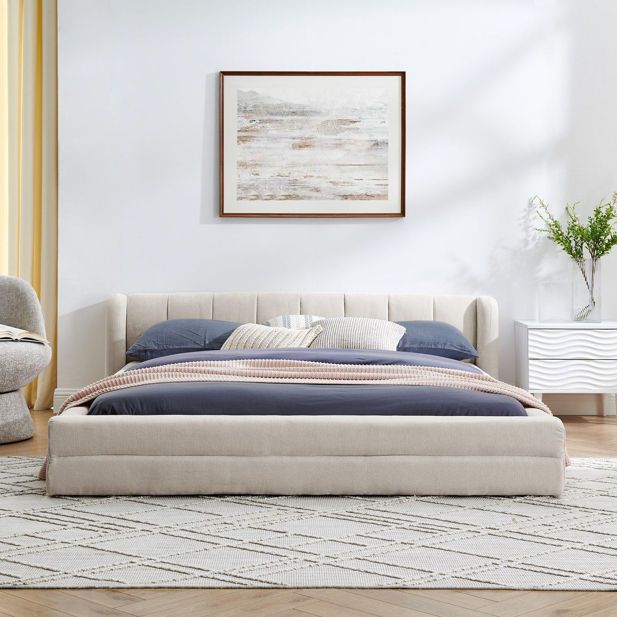 Modern Upholstered Bed Frame With Thick Fabric And Headboard