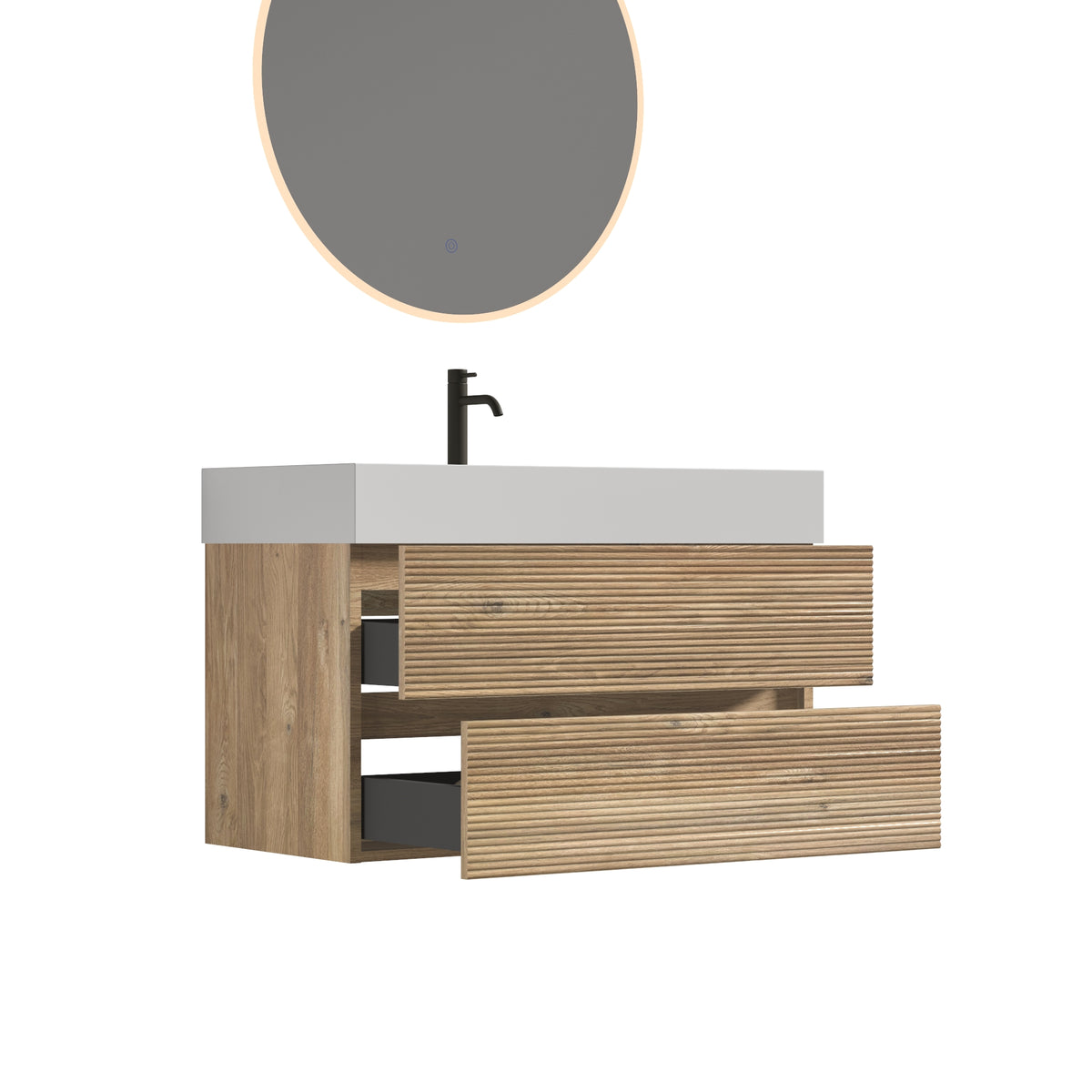 Grace 36-Inch Wall-Mounted Bathroom Vanity, Oak and White Solid Surface