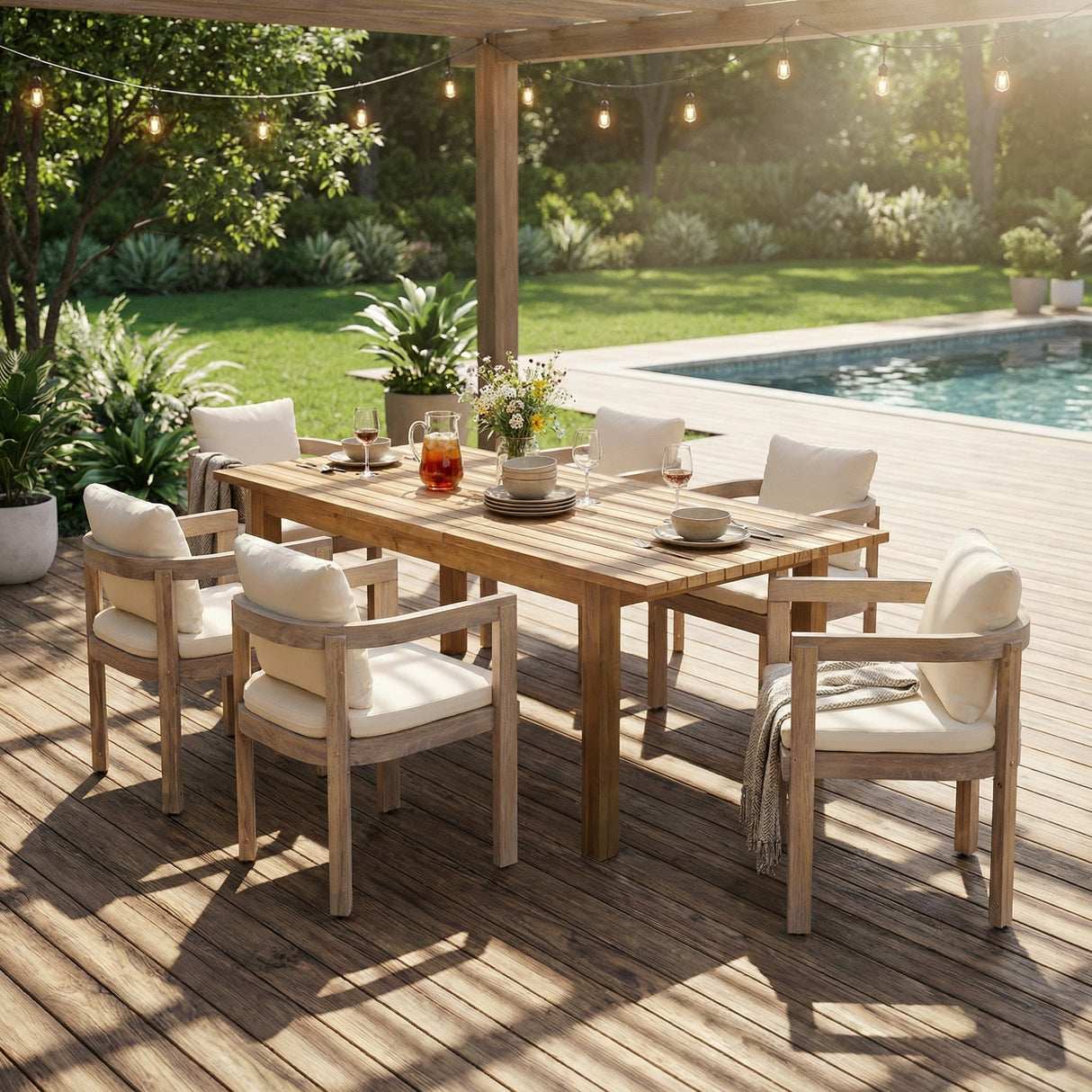 7 Pieces Acacia Wood Outdoor Dining Set with Cream Cushions