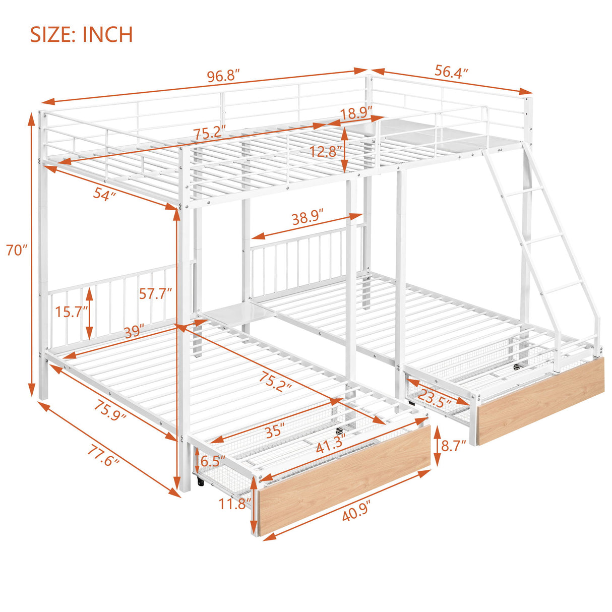 Triple Bunk Bed With Drawers And Guardrails