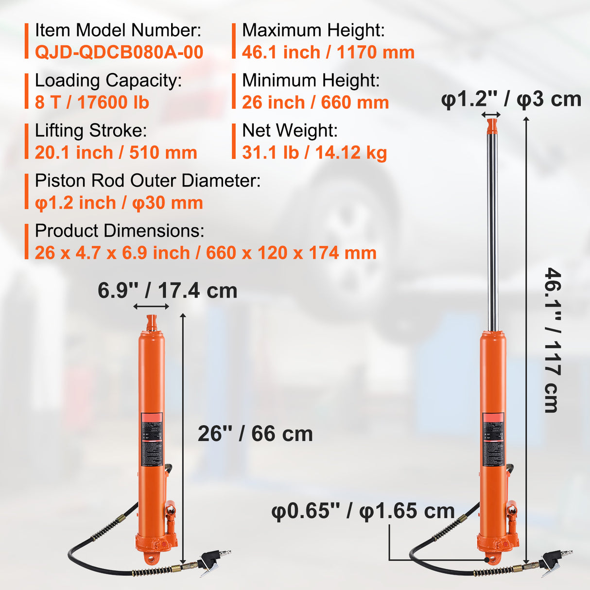 Hydraulic Long Ram Jack, 8 Ton Engine Hoist Cylinder