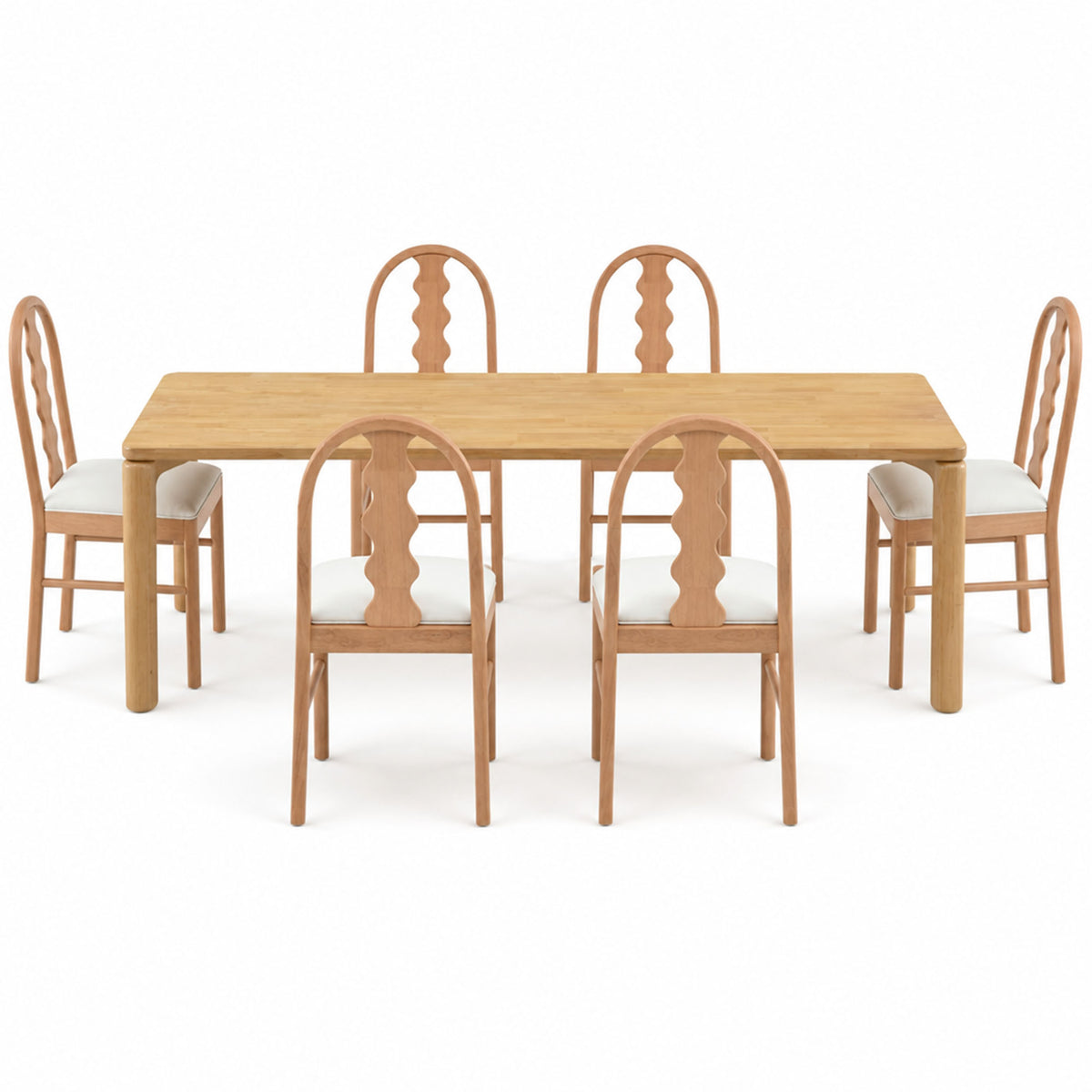 7-Piece Dining Table Set, 70" Solid Rubber Wood Dining Table with 6 Wave Back Dining Chairs