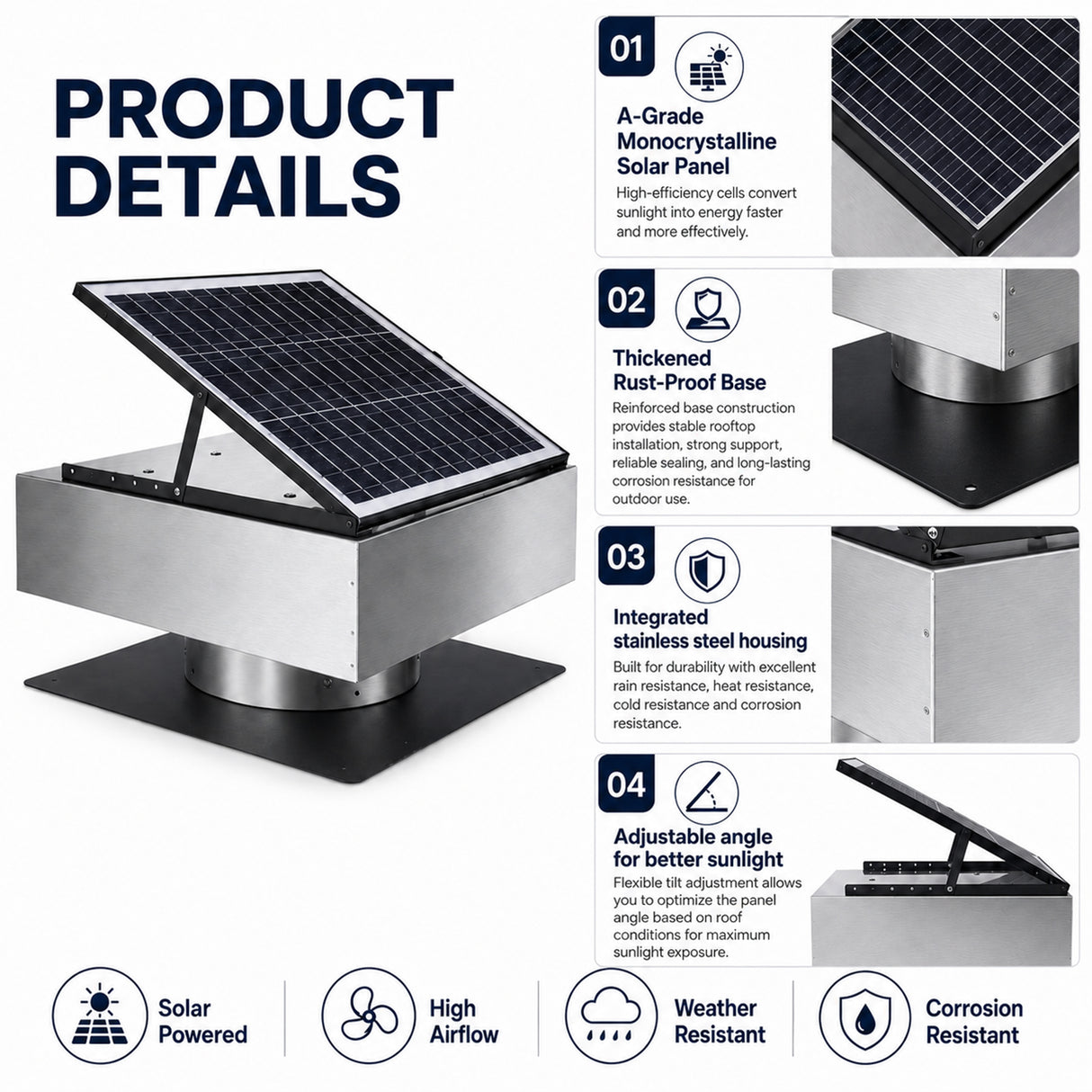 12" Stainless Steel Solar Roof Vent Fan, 40W Tilt Adjustable Solar Panel