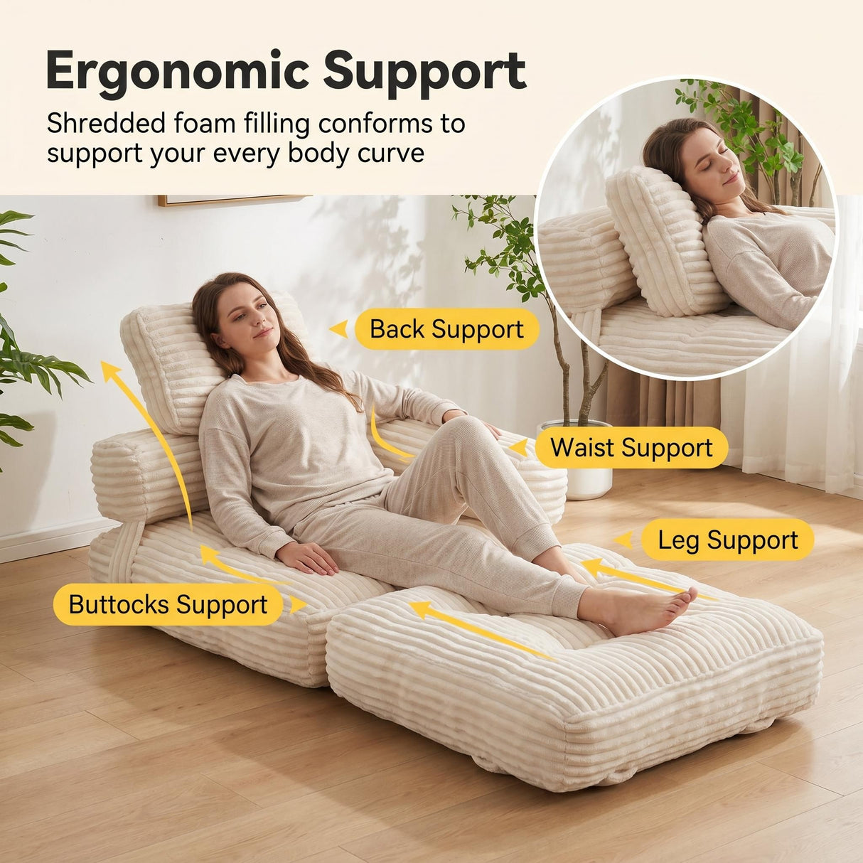 Boneless Foldable Floor Sofa Bed with Armrest & Pillows