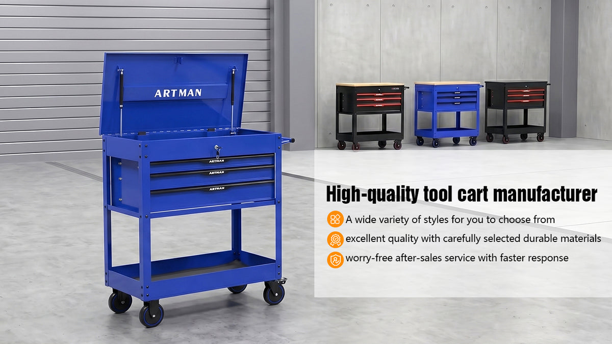 3 Drawers Multifunctional Tool Cart With Wheels and Steel Top - Blue & Black