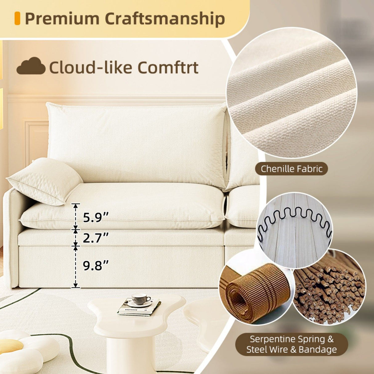 4 Seat Convertible Sleeper Sofa Bed, Modern With Storage