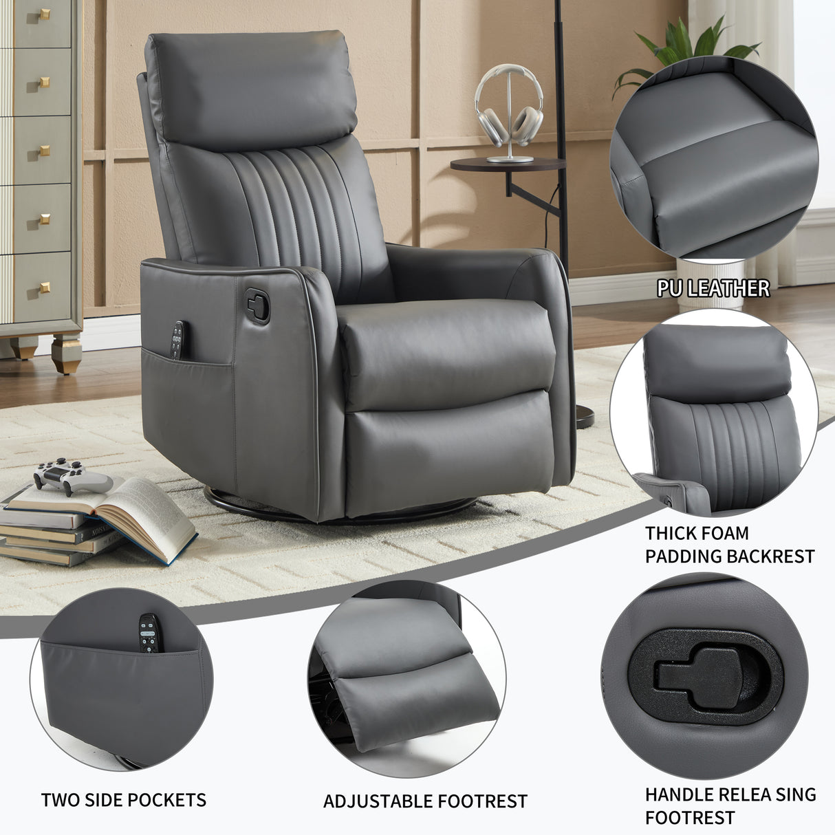 Grey Faux Leather Heat Massage Manual Recliner Chair with Rocker and Swivel