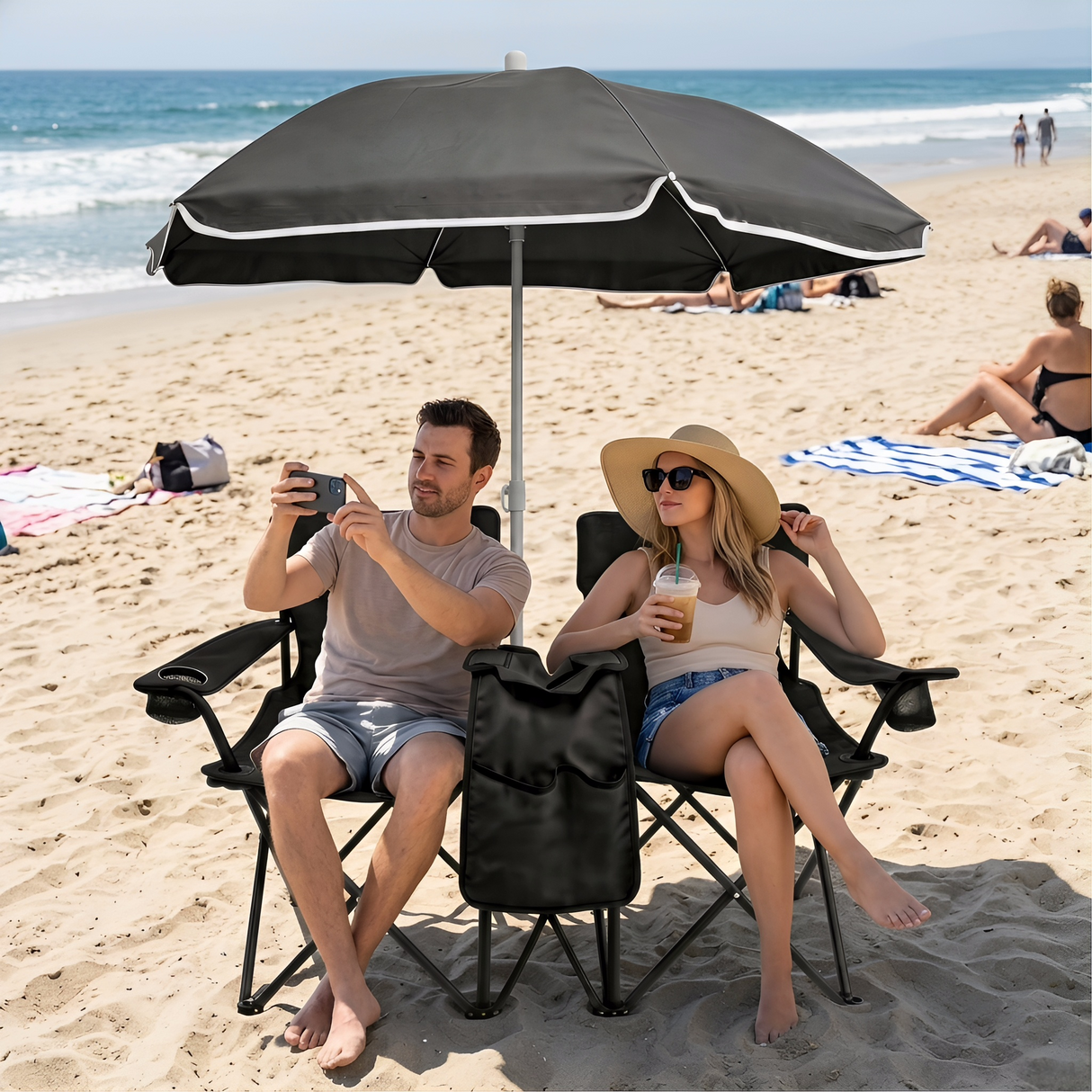 Portable Folding Picnic Chair Set with Umbrella, 2-Person Outdoor Camping Chairs