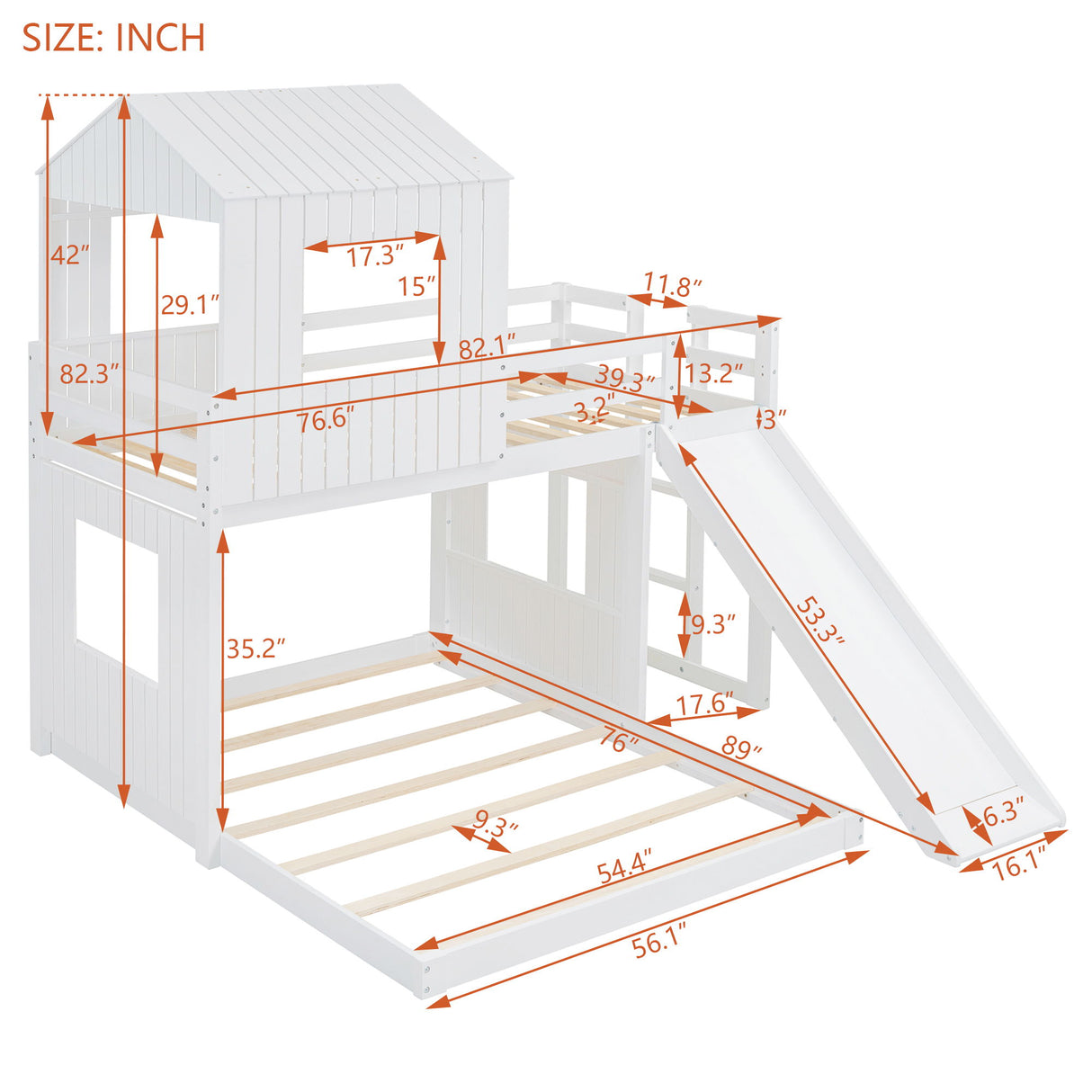 Loft Bunk Bed With Playhouse, Farmhouse, Ladder, Slide And Guardrails