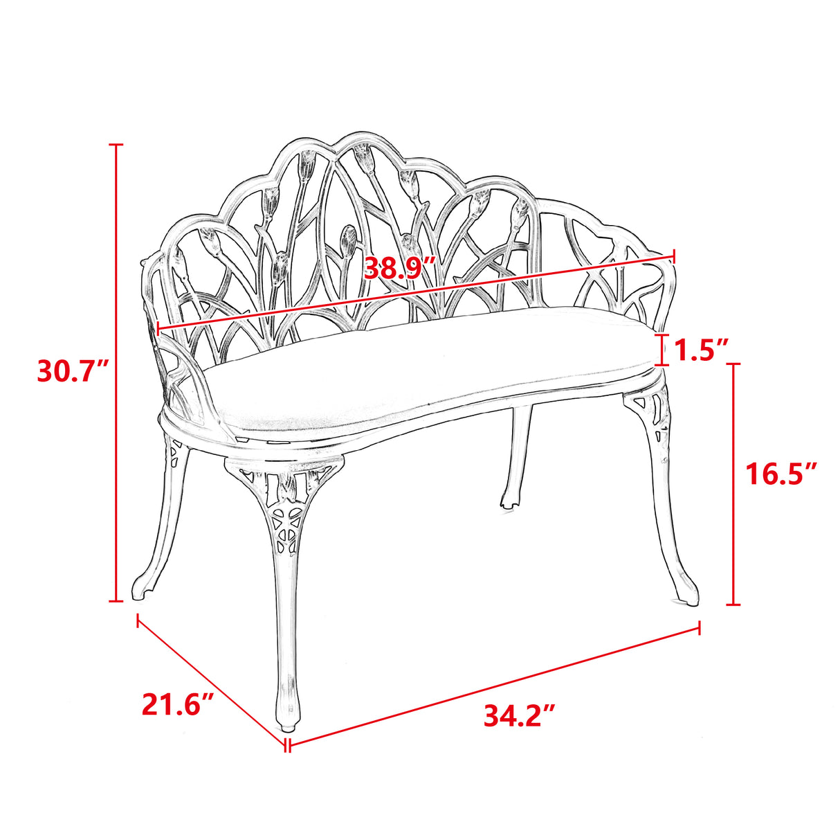 Tulip Patio Garden Bench Metal Park Bench Cast Aluminum Outdoor Furniture