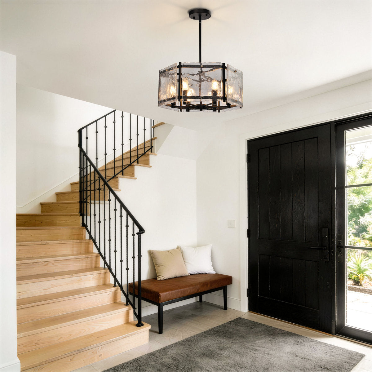 19.7-Inch 6-Light Dimmable Drum Chandelier, Black Glass and Metal