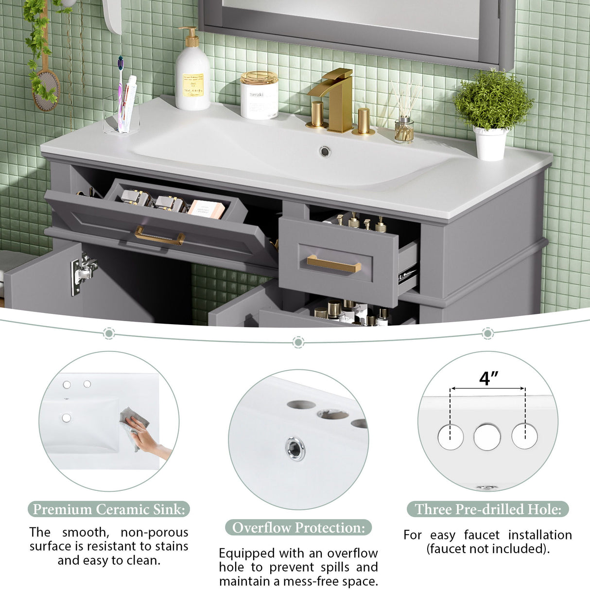 Modern Bathroom Vanity With Ceramic Sink, Soft Close Storage Cabinet