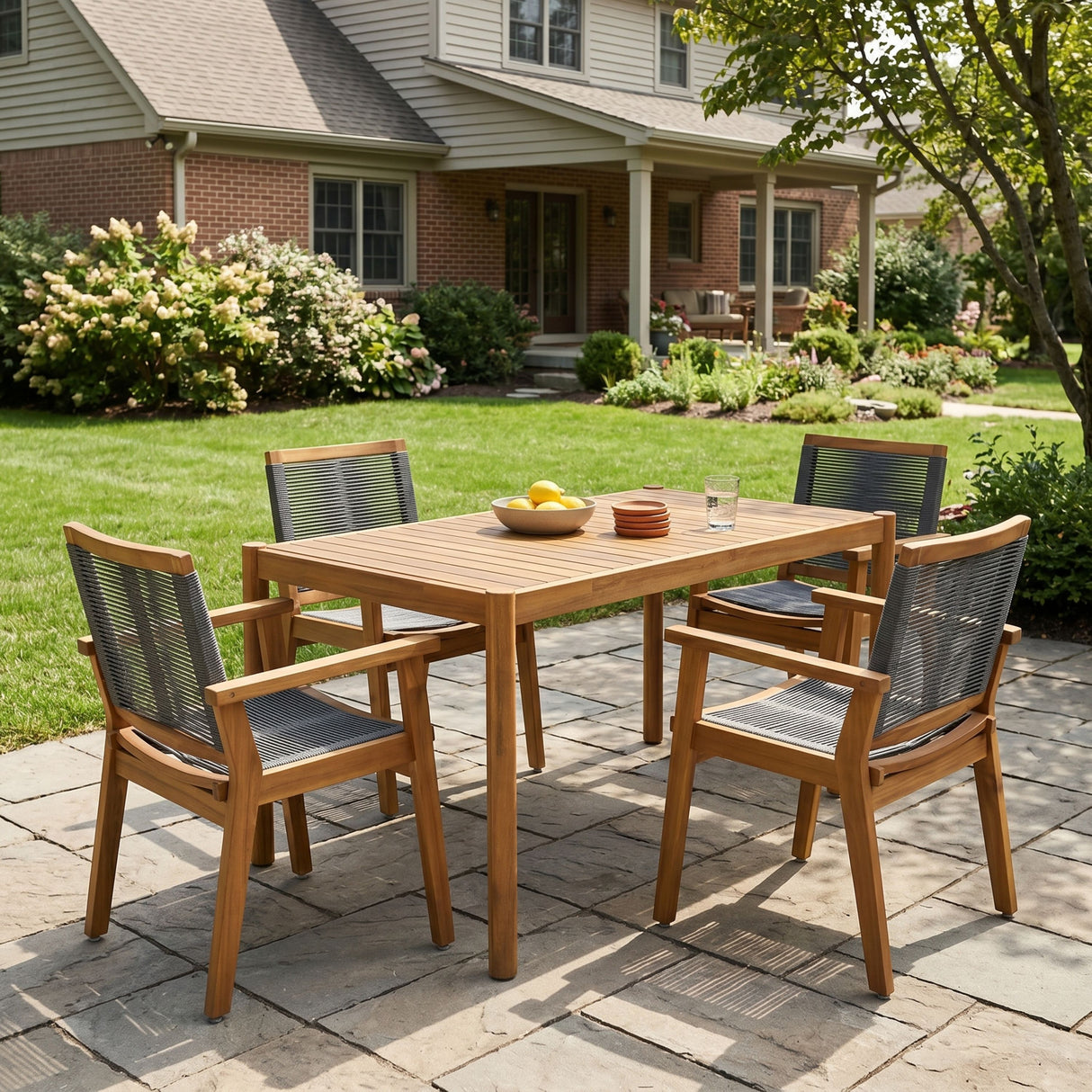 5-Piece Outdoor Acacia Wood Dining Set, 54.75" Teak Rectangular Table & 4 Dark Grey Chairs
