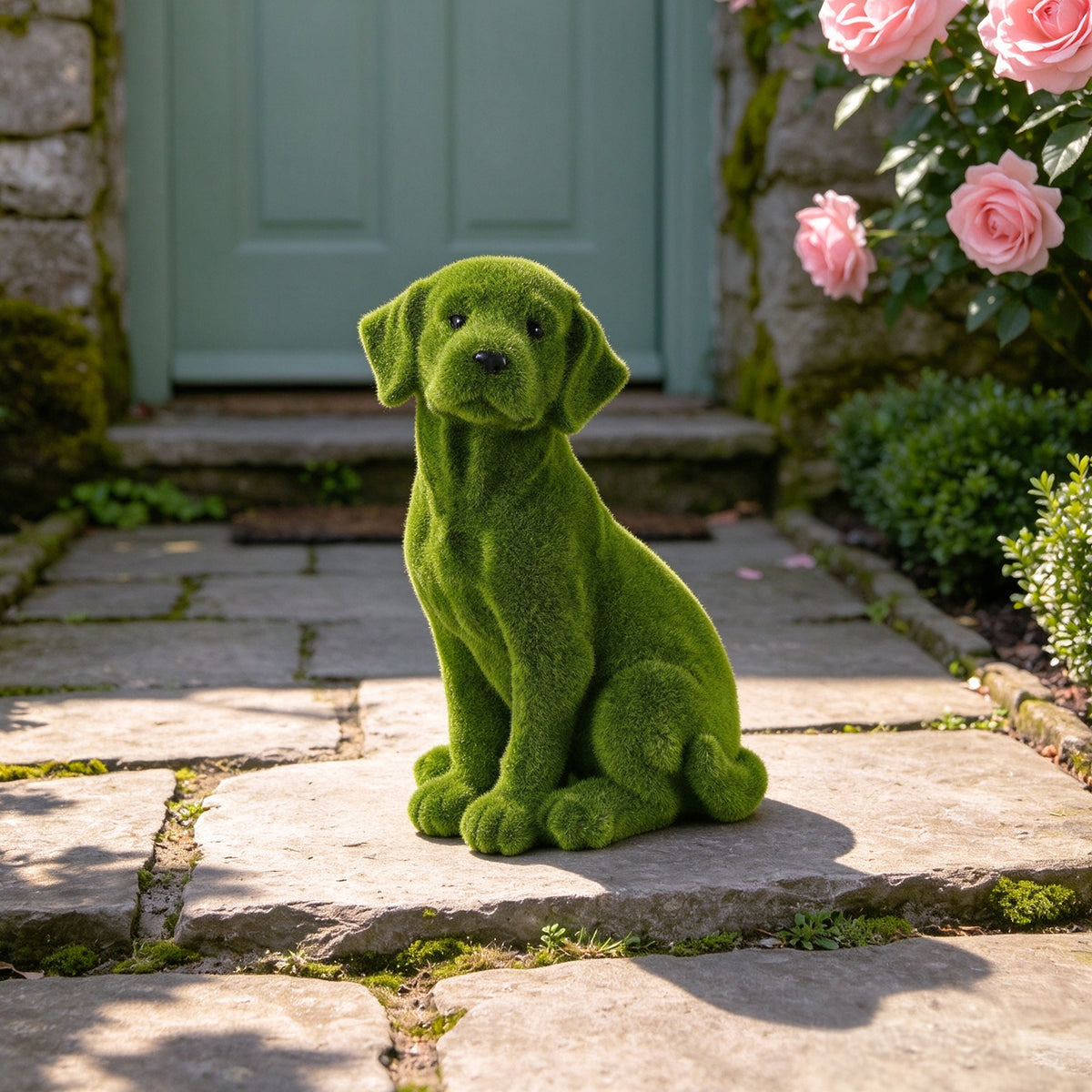 Flocked Dog Garden Statue with Weather Resistance - Green