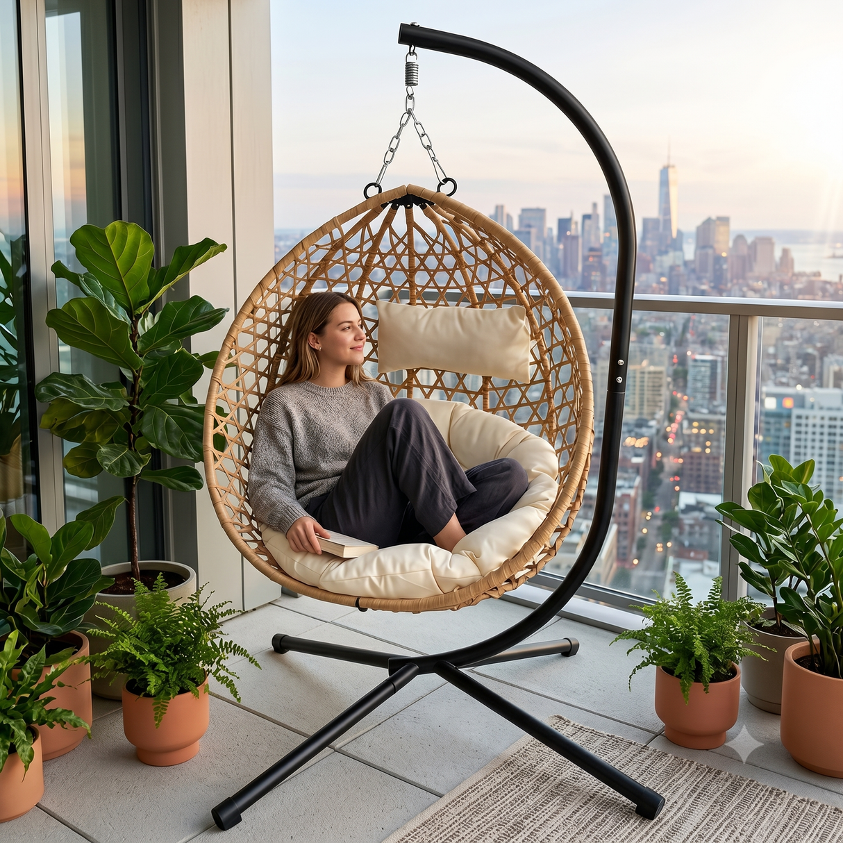 Foldable Hanging Egg Chair with Stand and Cushion