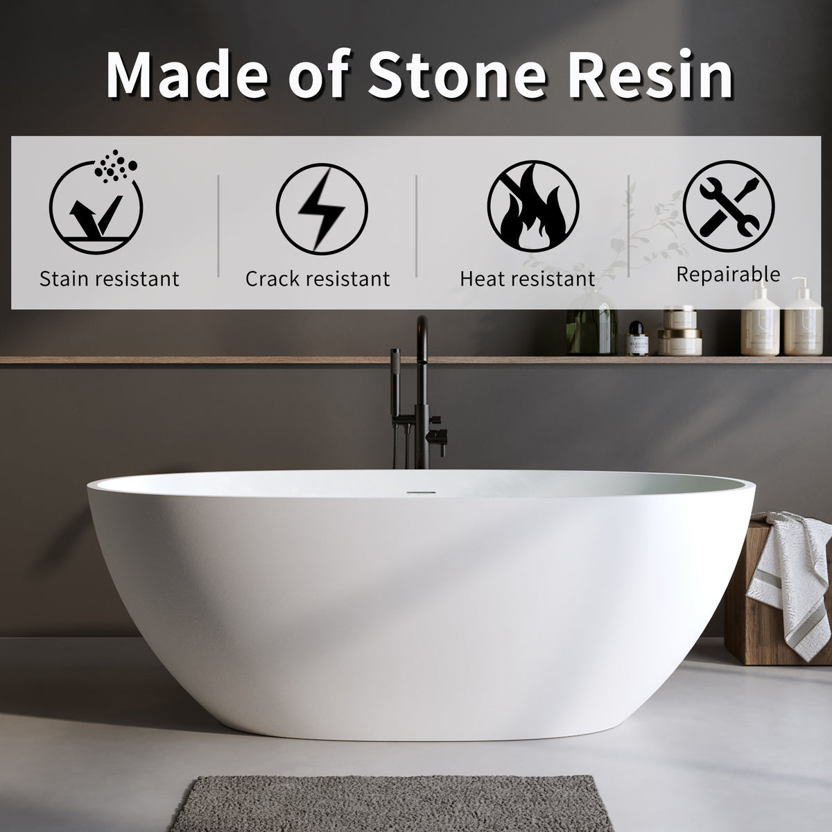 55" Solid Surface Matte Tub - Freestanding Soaking Bathtub