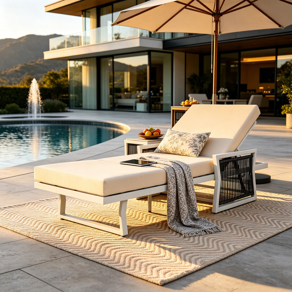 Modern White Iron Outdoor Chaise Lounger Set