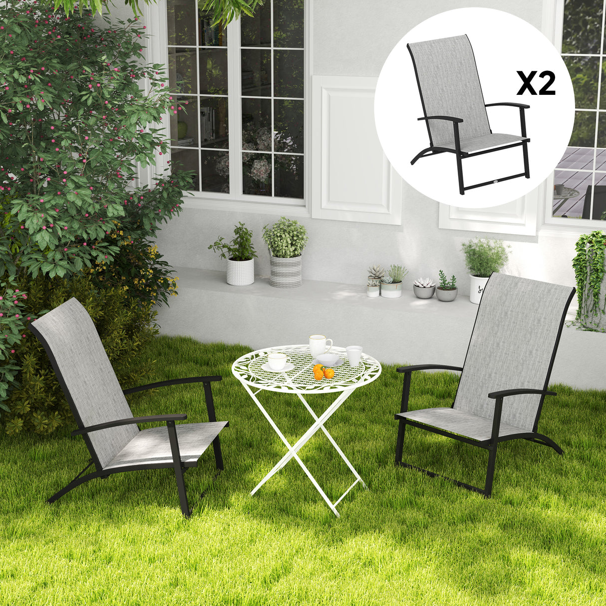 Outsunny Folding Patio Chairs Set of 2, Portable Outdoor Dining Chairs with High Back, Armrests
