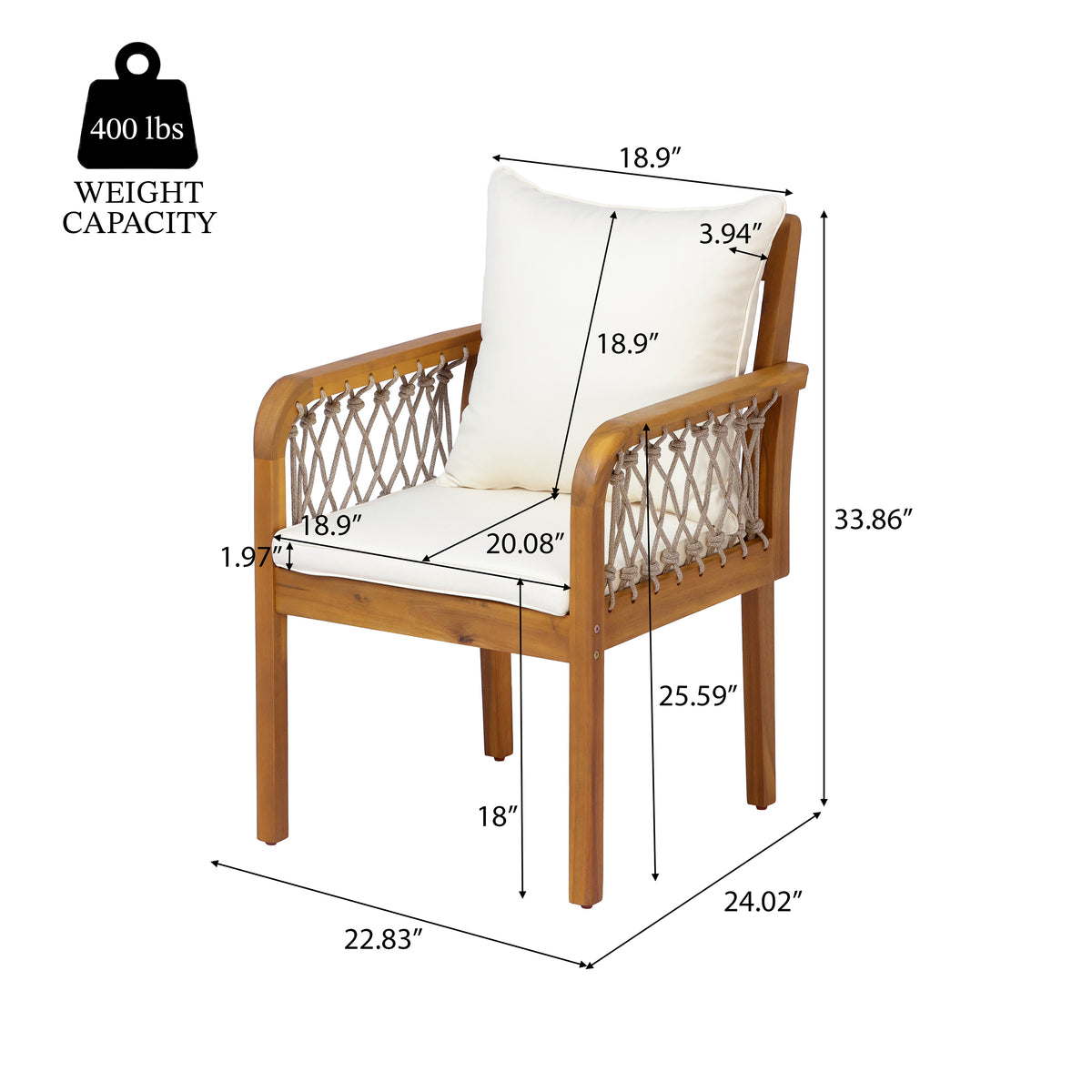 Outdoor Patio Acacia Wood Chairs With Woven Rope Arms