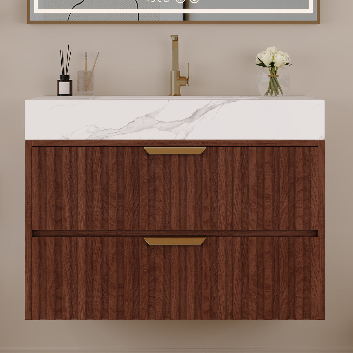 30" Modern Floating Bathroom Vanity with Seamless Sintered Stone Top & Ceramic Basin – 2 Soft-Close Drawers, Wall-Mounted