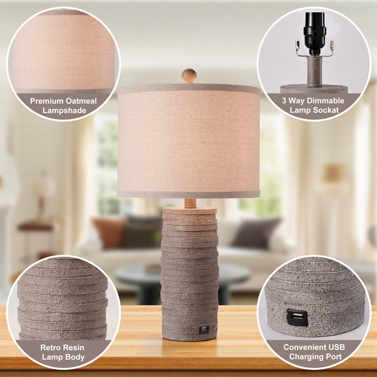 Farmhouse Resin Table Lamp, 22.6-Inch, 3-Way Dimmable with USB Port, Dark Brown, Set of 2