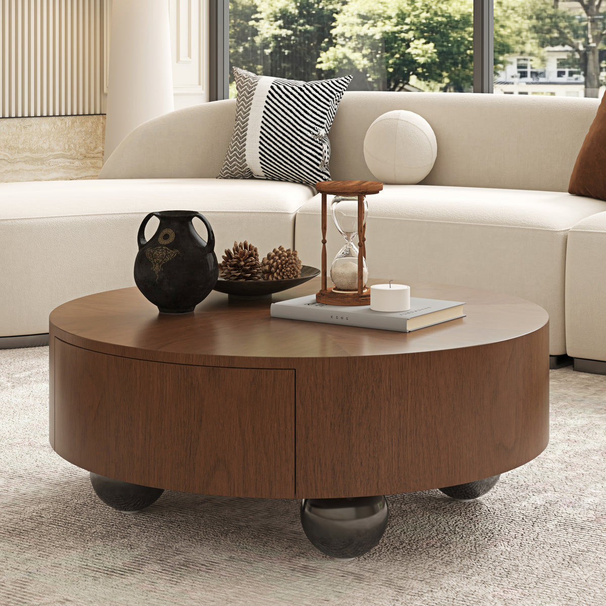 35.43 Inch Drum Shaped Round Coffee Table