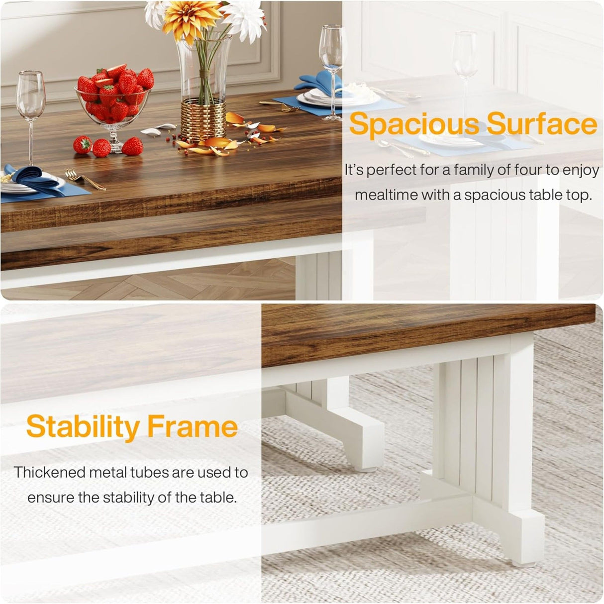 3 Piece Dining Table Set For 2 - 4, With Space Saving Benches - Brown / White