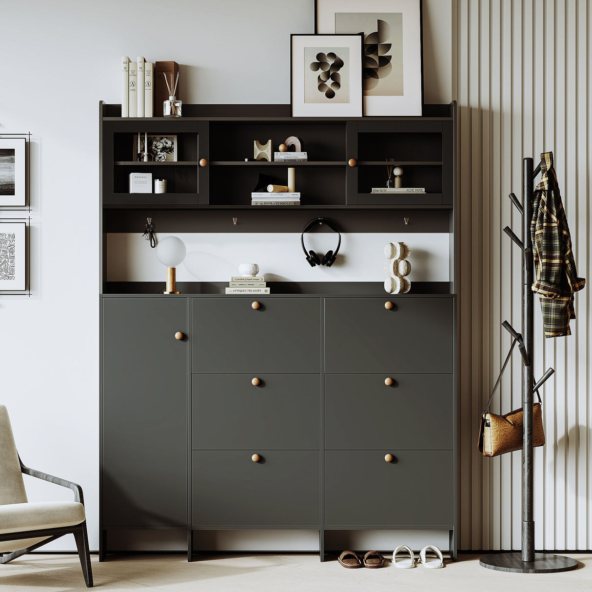 On Trend Multifunctional Tipping Bucket Shoe Cabinet With Storage Shelf & 6 Flip Drawers